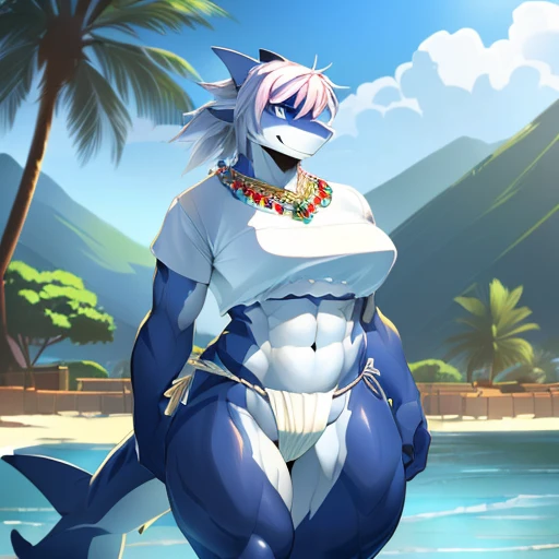 hi res,(((shark, finless shark))), (((not furry))), anthro, ((((((hair(head))))))), aqua blue eyes, ((((((( rokushaku fundoshi, ))))))), (((( female,  anthro,  female, slim, Skinny)))), female,  anthro,  female, slim, Skinny, tail, adults, mature, (((SFW))), ((((((((solo)))))))), (((((((((((((female))))))))))))), standing with both legs closed, hands on hips, outside, plant, light blue body, sea, tree, (water), detailed background,by milkytiger1145,by takemoto arashi,by null-ghost, cold atmosphere, open smile, soft blue blush, single fin, ((((((((wearing white tshirts, crop top)))))))), ((((((muscular thighs, thick thighs, thick calves, wide hips, wide pelvis, curvy figure, volu\ptu\ous figure, both feet are close together., \hourglass \figure,, female body)))))), (((((golden accessory many jewels and ornaments on the fundoshi, glittering fundoshi )))))