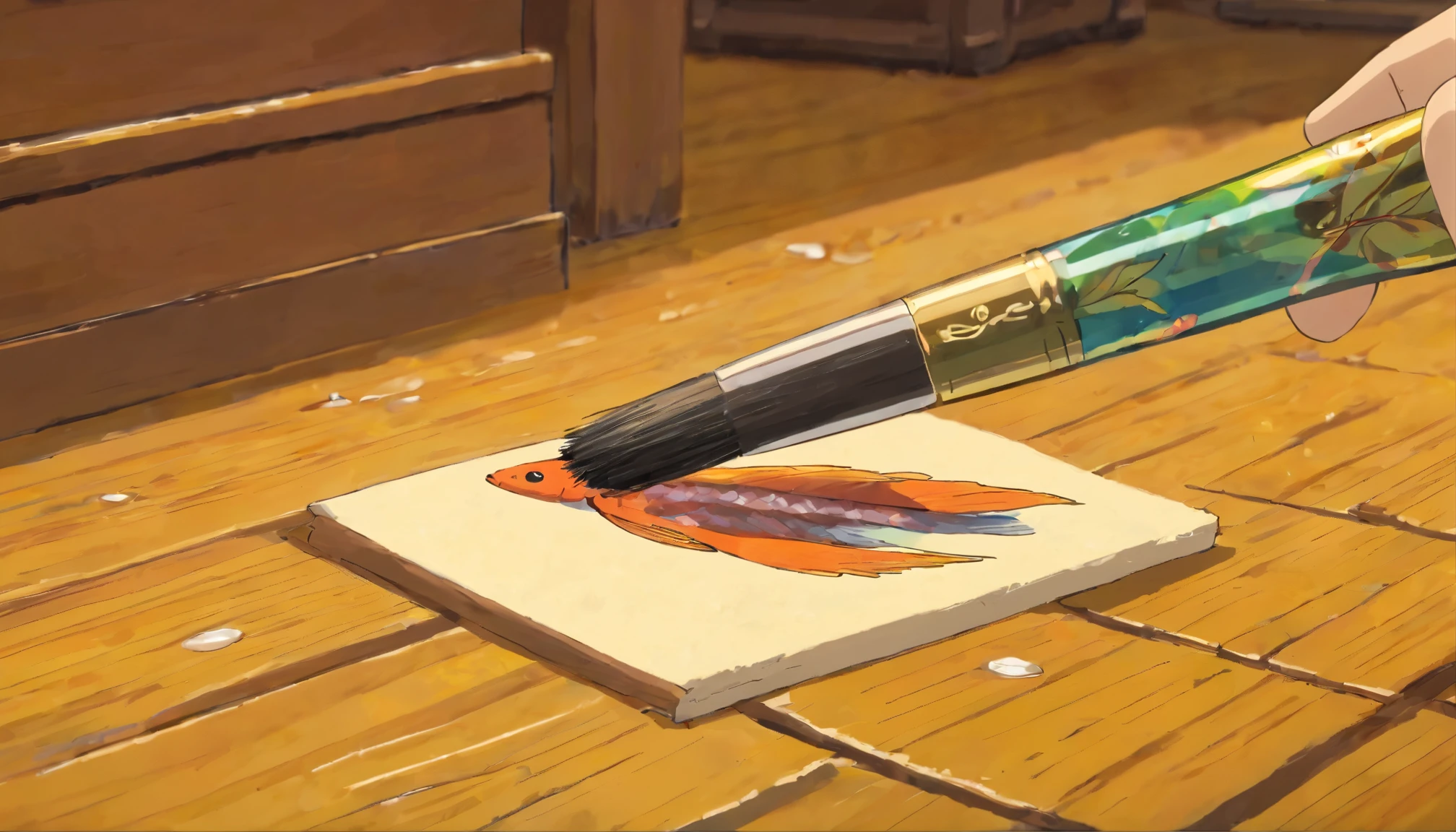 A paintbrush draws a fish on the wooden floor,Close-up on pen tip,flat color, high quality, 8K Ultra HD, highly detailed, sharp focus