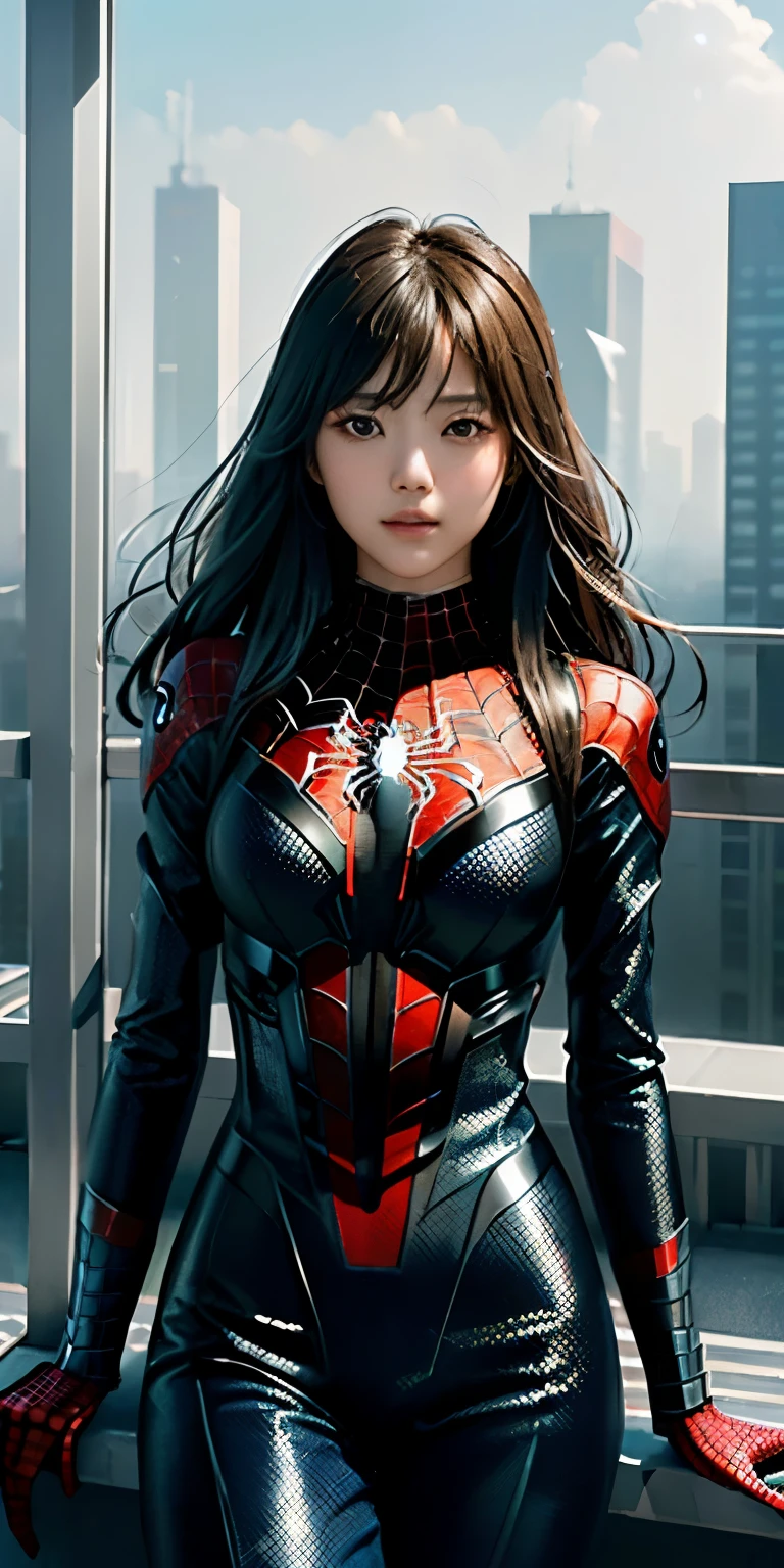(One girl:1.3), alone, (((Very Detailed face)))), ((Very detailedな目と顔)))), beautifulディテールの目,Spider Girl、肌の露出多しbeautiful生脚、beautifulへそ、beautiful乳、Big 、 Body parts__, Official Art, Unified 8k wallpaper, Very detailed, beautiful and beautiful, beautiful, masterpiece, 最high quality, Leotard Spider Suit、original, masterpiece, Ultra HD Photos, 最high quality, Ultra-high resolution, Realistic realism, sunlight, Full body portrait, Great beauty, Dynamic pose, Delicate face, Vivid eyes, (from the front), She's wearing a Spider-Man suit, Red and black color scheme, Spider, Very detailedな都市の屋根の背景, rooftop, Overlooking the city, Detailed face, Detailed, intricate and busy background, Messy, nice, milky, Very detailedな肌, Realistic skin detail, Visible pores, Clear focus, Volumetric Fog, 8K Ultra HD, Digital SLR, high quality, Film Grain, Fair skin, Photorealistic, Lomography, Future dystopian megalopolis, translucent