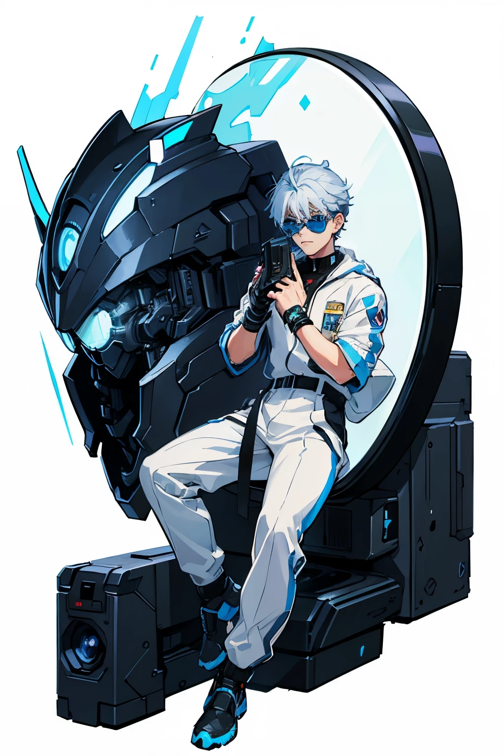 Masterpiece, Highest quality, Detailed,Nebula, 4k, Mechanical,Mecha, Cyberpunk,Darkness, (Mechanical structure:1.2),TRPG, (1 male), android, machine, (((a pistol))), robot, sci-fi, large, white clothing, silent, inorganic, human face, cycling eyewear, (((mirror lenses))), half-body, HD face, a men who is twenty-five years old, (((white background))), xenosaga, KOS-MOS, muscular