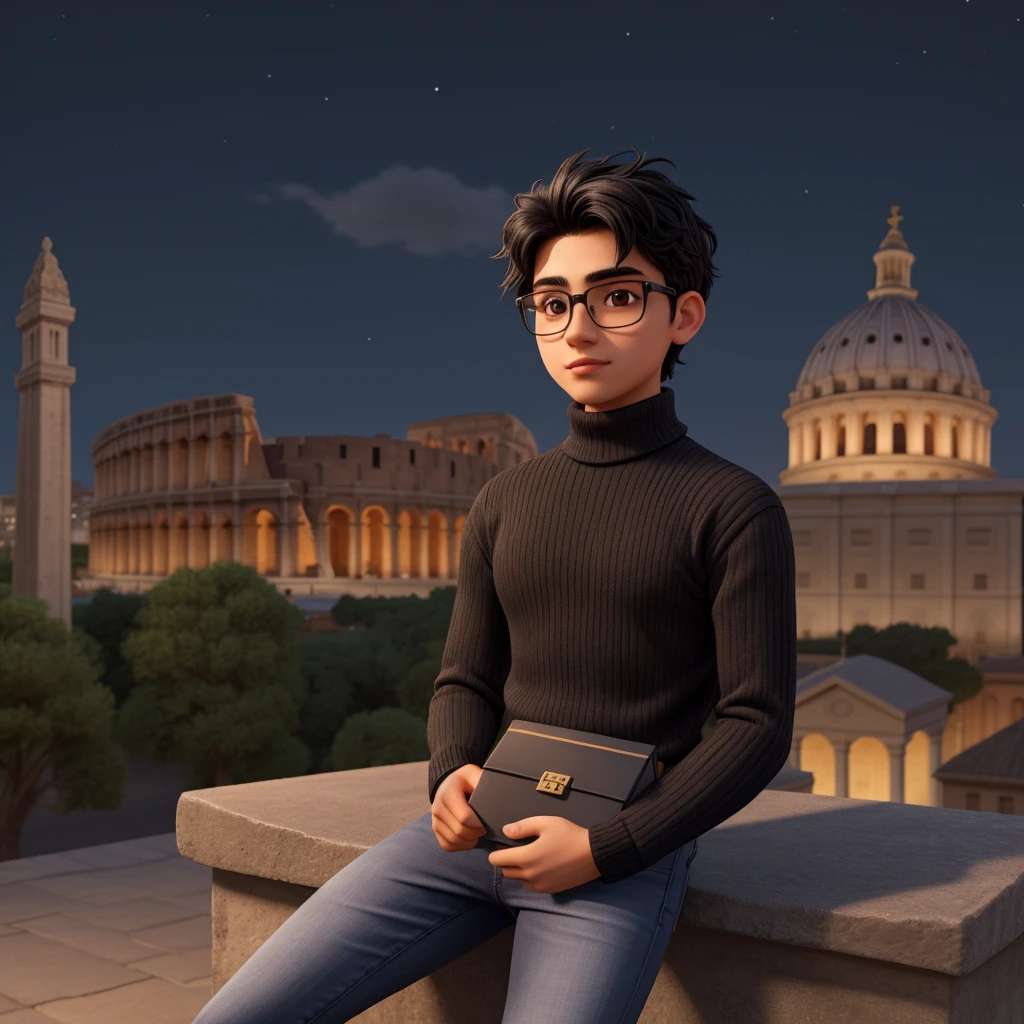 A young peruvian man of 20 years old, with black disheveled hair, lentes cuadrados, cute square face, boxy face, and brown eyes, wearing black turtleneck, black jeans. He is sitting alone at night with the Roman Coliseum in the background. 3d cartoon