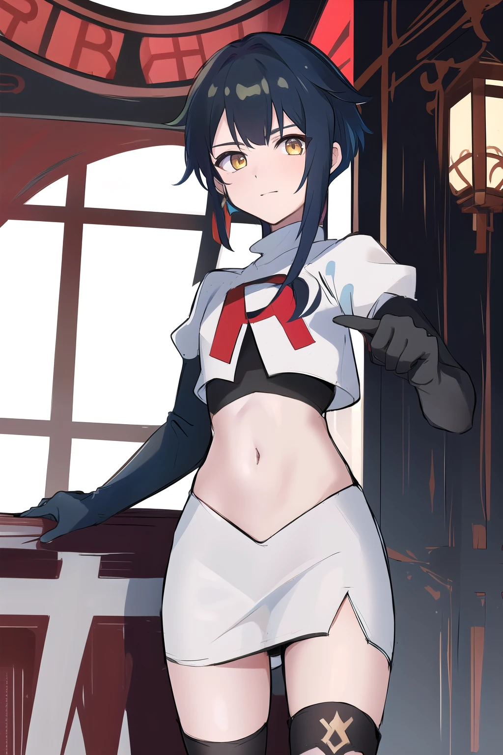 masterpiece, absurdres,genshin impact, Genshin Impact, game character, video game, (xingqiu),yellow eyes, short blue hair,male focus, trap, crossdressing,1boy,team rocket,team rocket uniform,white skirt,red letter R,crop top,black thigh-highs,black elbow gloves