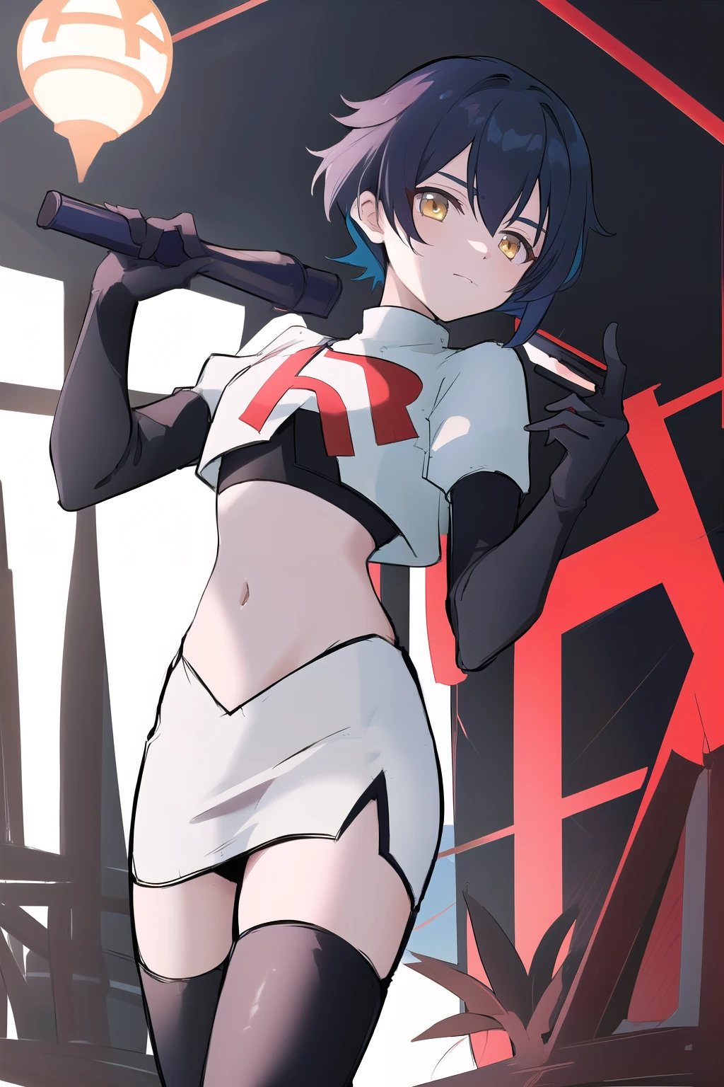 masterpiece, absurdres,genshin impact, Genshin Impact, game character, video game, (xingqiu),yellow eyes, short blue hair,male focus, trap, crossdressing,1boy,team rocket,team rocket uniform,white skirt,red letter R,crop top,black thigh-highs,black elbow gloves