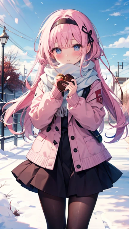 、、Shyness、blush、Embarrassing、blush、、、skirt、snow原、、snow、cold、scarf、scarfを巻く、降snow高解像度、Full HD、8K quality、、、Droopy eyes、、、Eye highlights、Bright eyes、Clear Eyes、Beautiful Eyes、avert your eyes、Embarrassing、blush、、Eye highlights、、、Eye highlights、信じられないほどBeautiful Eyes、Black tights with pink lines、、、Valentine's Day、chocolate、両手で心臓型のchocolate持つ、、Confession、Pink Hair、Let your hair down、Straight hair、Long Hair、Black headband