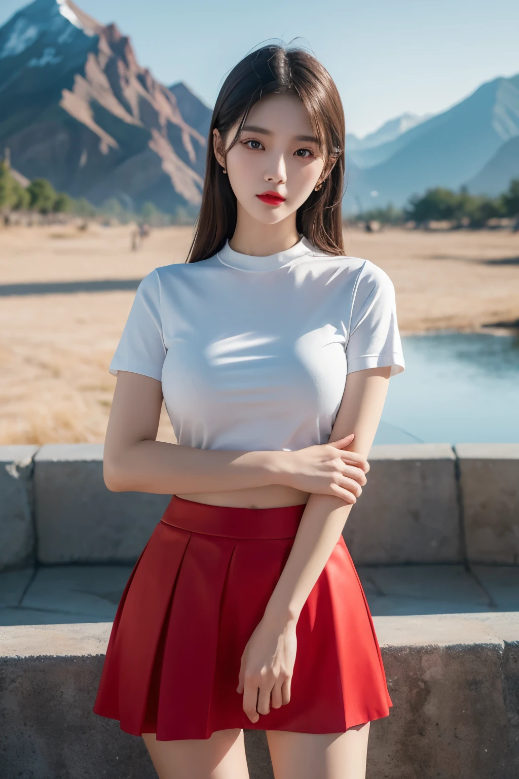 masterpiece，Ultra-clear，Award-winning works，Short sleeve skirt，Show your thighs，A Korean beautiful girl，Phoenix Eyes，Oval face，high nose，High skull，Red lips，Full and proud breasts，Snow mountain in the background