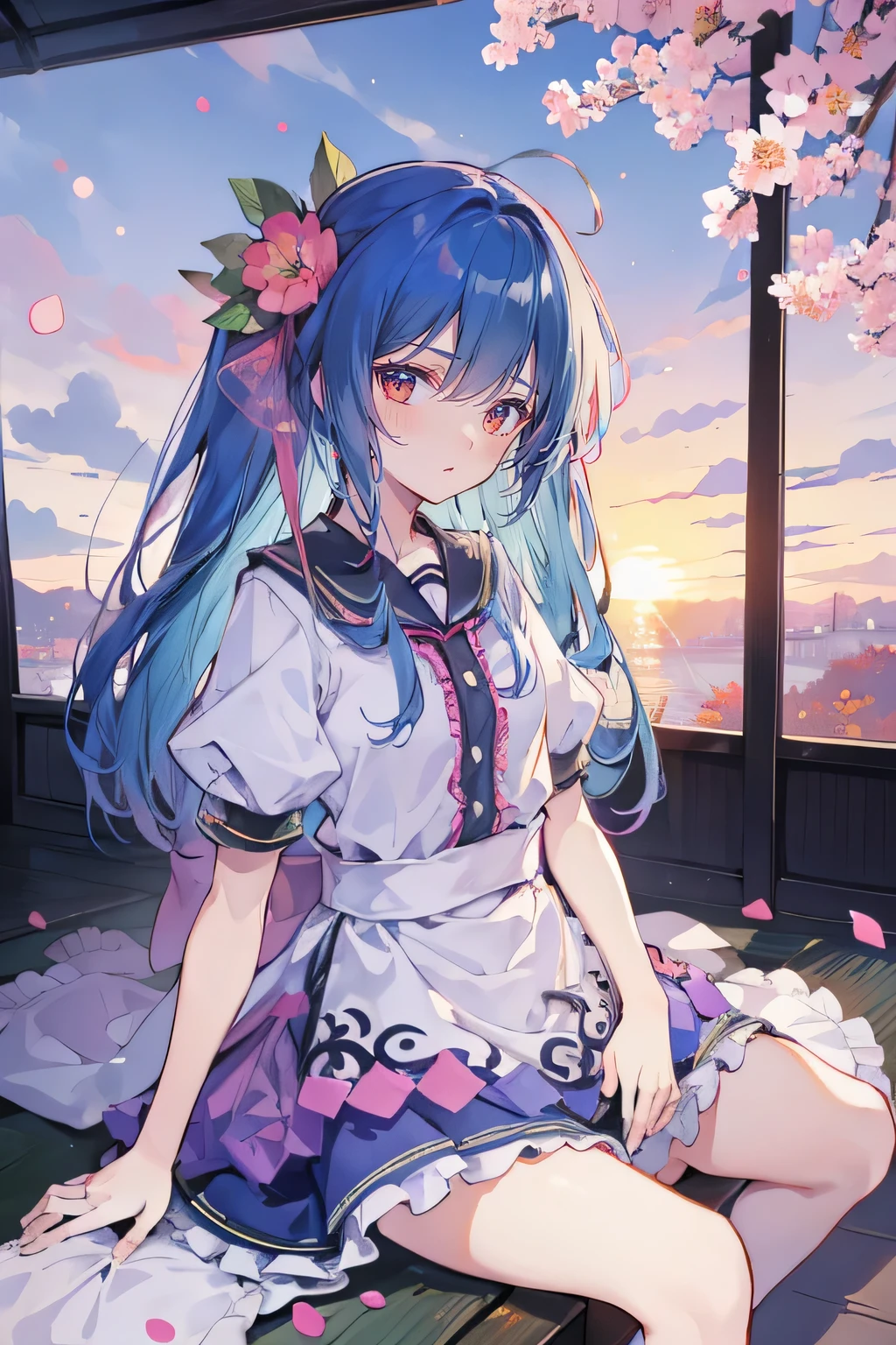 (best quality, masterpiece:1.2), expressive eyes, perfect face, 1 girl, hands on waist, beautiful, gorgeous, Japanese animation, Lola, Hinamori Angel, blue hair, floating clothes, waist grab, waist grab, hands on hips, sitting, sitting on the ground, legs on the ground, flat-chested, falling petals, sitting in a pavilion, pavilion,sunrise,Petals fall,