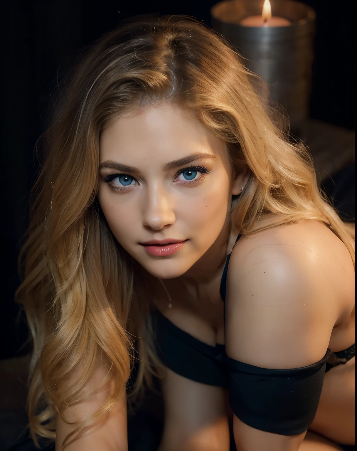 blonde girl with long blond hair, she's young, 22 year old, elegant, curly hair, perfect eyes, 4K,  she's in the dark, no lights at all, close picture full black background with only candle, full red underwear, two candle, attractive eyes, very smiling, big blue eyes, big lips, very red lips, black make up, hyper realistic, photography, perfect body, full hd, Ultra-detailed, ultra detailed, realist, instagram, perfect face, real human, big lips, very look like natalee.007, very attractive eyes, perfect body, heel, sexy pose, real human, fit girl, very slim hip, fit girl, very tanned skin, 
