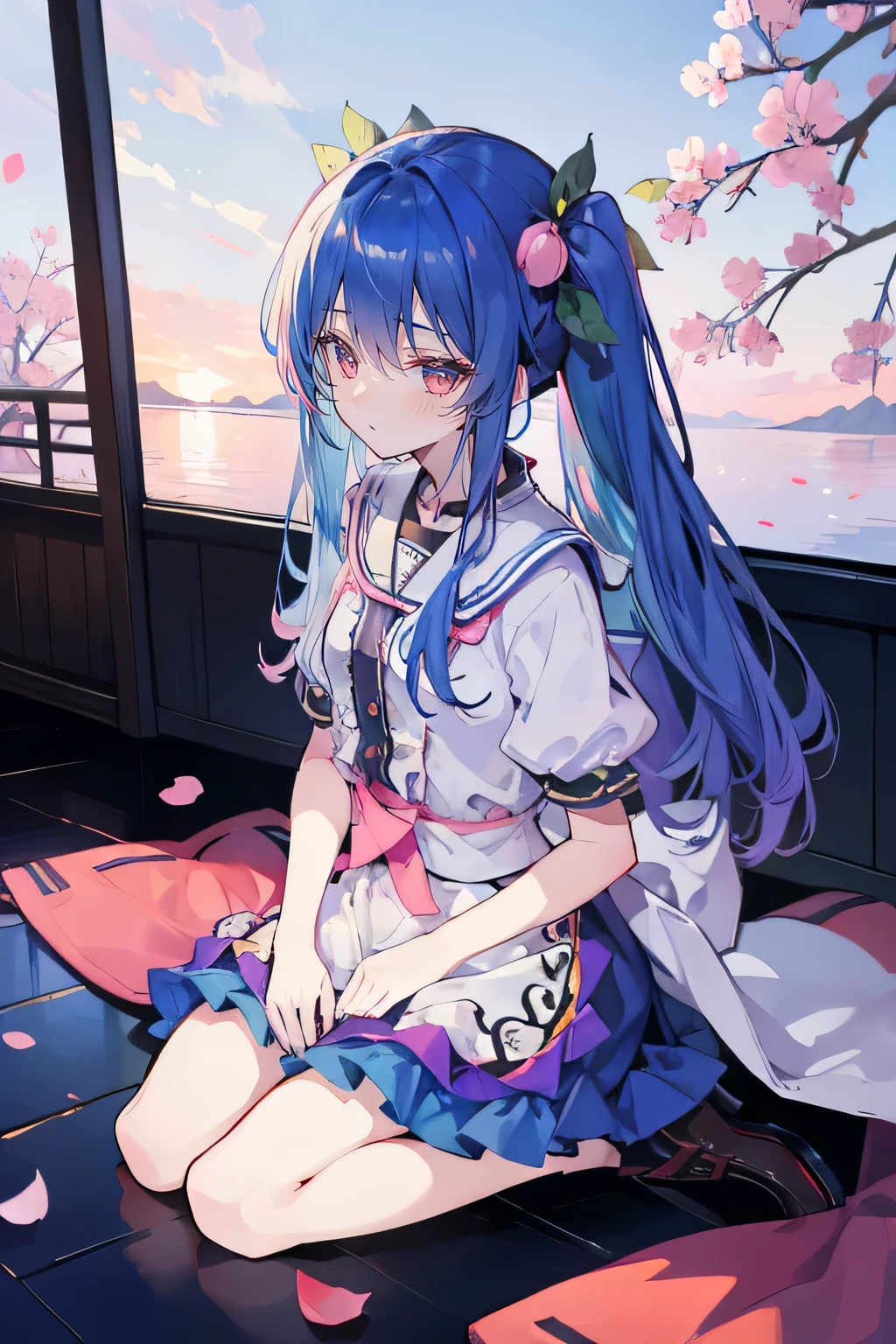 (best quality, masterpiece:1.2), expressive eyes, perfect face, 1 girl, hands on waist, beautiful, gorgeous, Japanese animation, Lola, Hinamori Angel, blue hair, floating clothes, waist grab, waist grab, hands on hips, sitting, sitting on the ground, legs on the ground, flat-chested, falling petals, sitting in a pavilion, pavilion,sunrise,Petals fall,