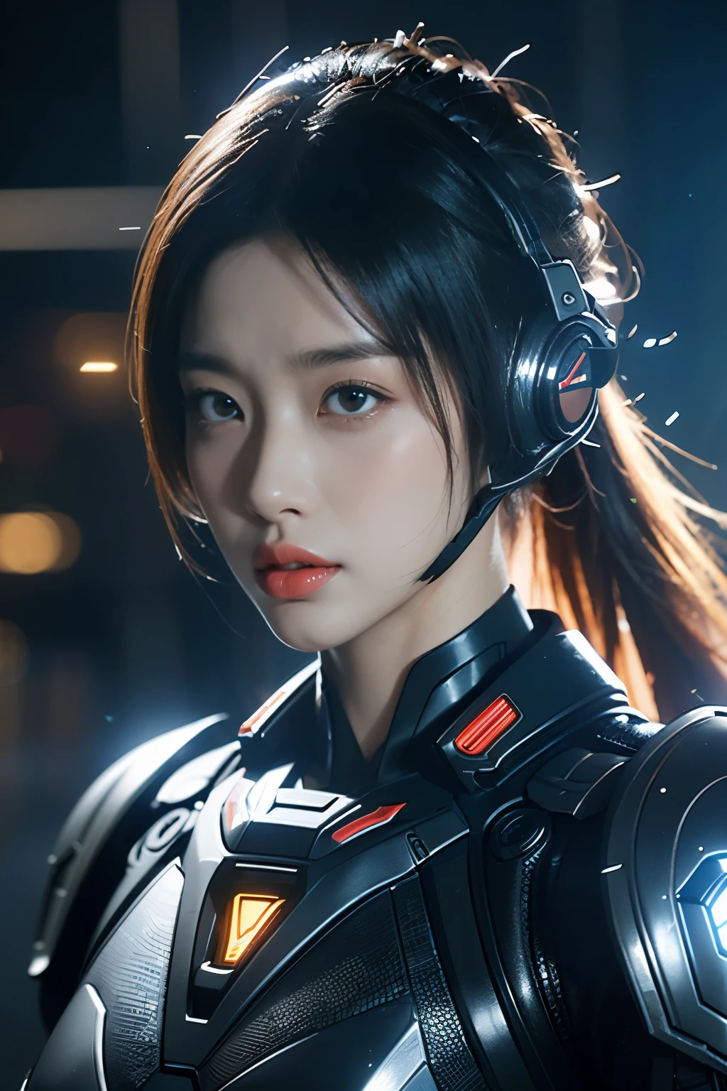 Game Art，Best image quality，Maximum resolution，8k，((A half-length photo))，((portrait))，(Rule of Thirds)，Unreal Engine 5 rendering works， (Future girl)，(Female Warrior)， 22-year-old young hacker)，(Oriental hairstyle)，(Beautiful eyes full of details)，(Large Breasts)，(Eyeshadow)，Elegant and charming，indifferent，((frown))，(Combat suit full of futuristic technology，This costume combines futuristic power armor and，Clothing is decorated with glittering patterns and emblems)，Cyberpunk Characters，in the style of futuristic， Photo poses，City background，lamp，Ray Tracing，Game CG，((3D Unreal Engine))，OC rendering reflection mode，Close shot