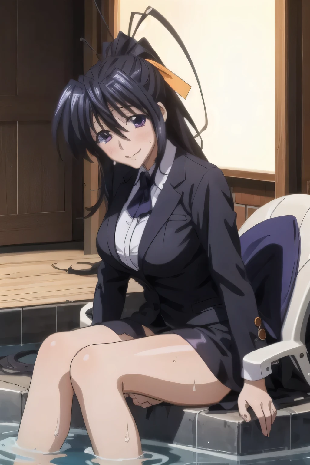 Himejima Akeno、Long Hair、(draw the eyes:1.2)、one person
、blush、smile
、Soaking wet
、Sit down
、In a suit
、(highest quality)
、(Fine skin:1.3)