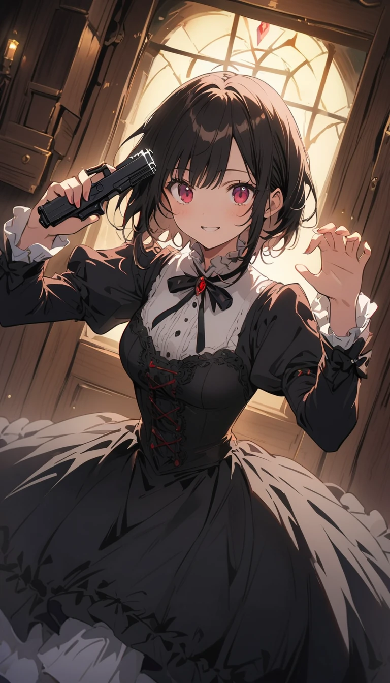 1 beautiful girl、Rin々A funny expression、(black victorian dress:1.4、Formal wear)、(Jewelry decoration)、(familiar:1.2)、(Holding a handgun in both hands、Dual pistols:1.6)、Action pose、Cool pose、Complex skirt、steampunk、Full Body, (highest quality、masterpiece、High resolution、detailed)、animeスタイル、Flat Style、High saturation、(Beautiful Eyes, Delicate and beautiful face, ),extremely detailed、(The Shining), Best lighting, Best Shadow、Dynamic Angle、anime