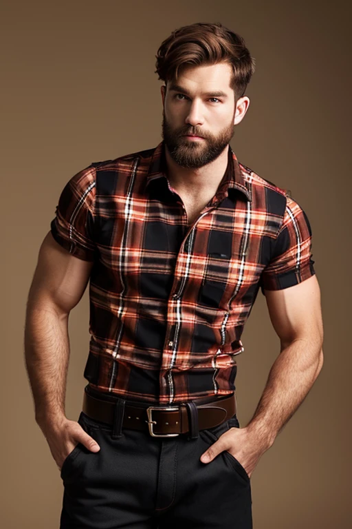 Lumberjack-looking man, beardless, muscular build, slim red and black plaid shirt, bear ears, reddish brown hair, brown comor pants, black leather belt 