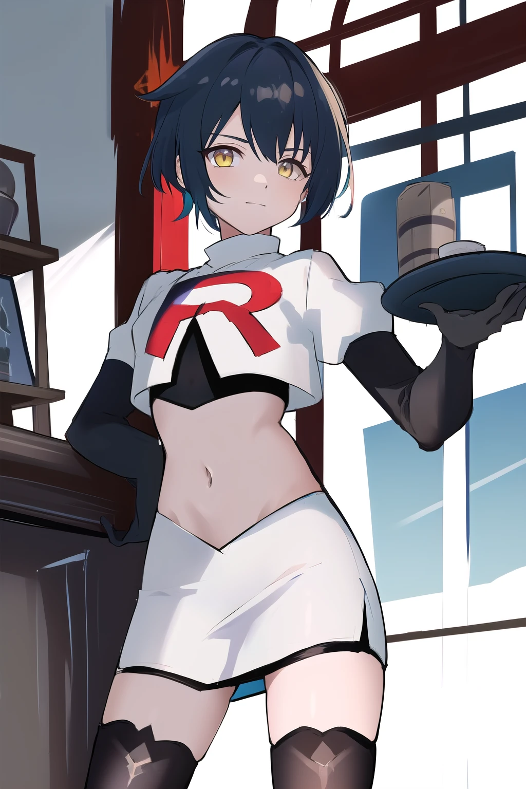 masterpiece, absurdres,genshin impact, Genshin Impact, game character, video game, (xingqiu),yellow eyes, short blue hair,male focus, trap, crossdressing,1boy,team rocket,team rocket uniform,white skirt,red letter R,crop top,black thigh-highs,black elbow gloves