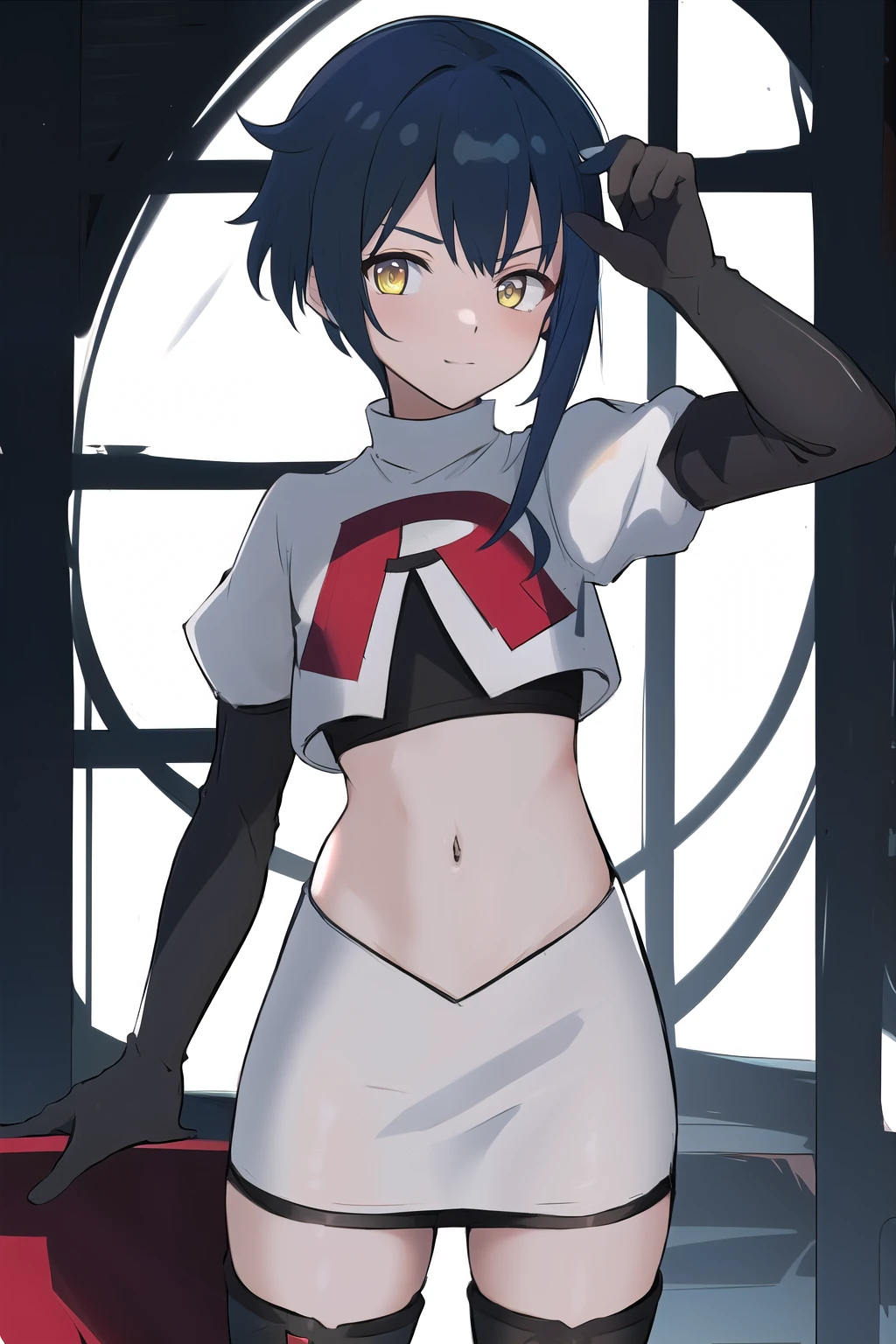 masterpiece, absurdres,genshin impact, Genshin Impact, game character, video game, (xingqiu),yellow eyes, short blue hair,male focus, trap, crossdressing,1boy,team rocket,team rocket uniform,white skirt,red letter R,crop top,black thigh-highs,black elbow gloves