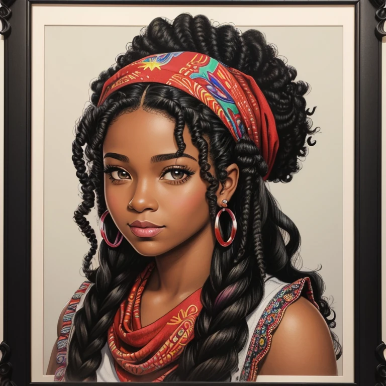 a drawing of a woman with a bandana on her head, air brush illustration, colorful bandana, full color digital illustration, liberty curls, black art, detailed digital artwork, detailed airbrush art, colored pencil illustration, her face framed with curls, black girl, red bandana, raggae art, illustration art, detailed color portrait, colored pencil art, curls and curves