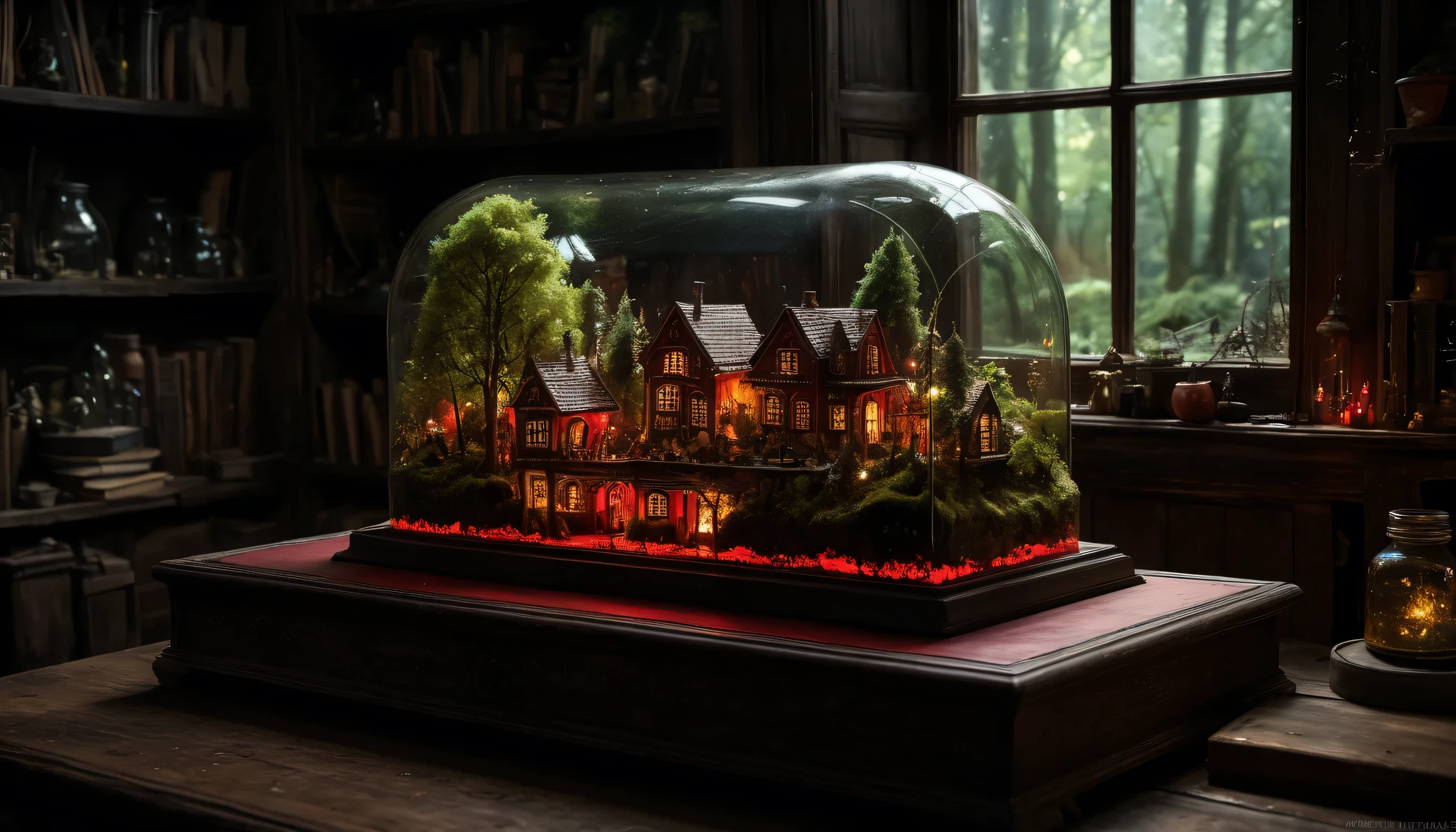 An intricate mini-forest town landscape enclosed in a bottle, Sur une table, ((effrayant)) , Dark Aesthetic, fantasmagorique, (feu), couleurs vibrantes dans un atelier, window, Shelf, bibelots, epic composition, lighting&#39;ambiance, diffusion souterraine, (ROUGE) (high quality detailed, High resolution, high saturation) 