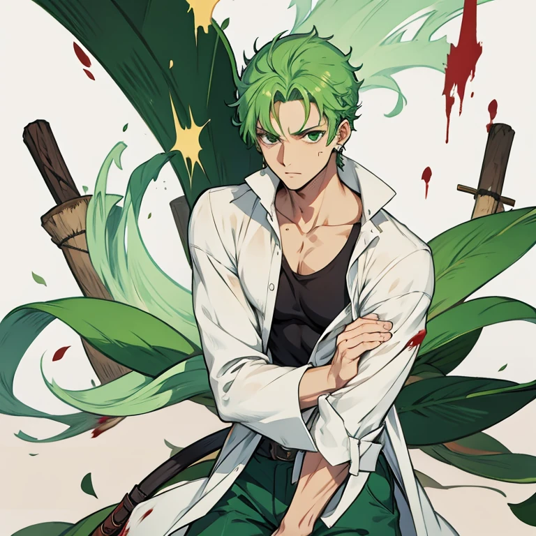 Zoro with 3 earings, green hair, white shirt, dark green pants, standing straight, face and body covered with blood.