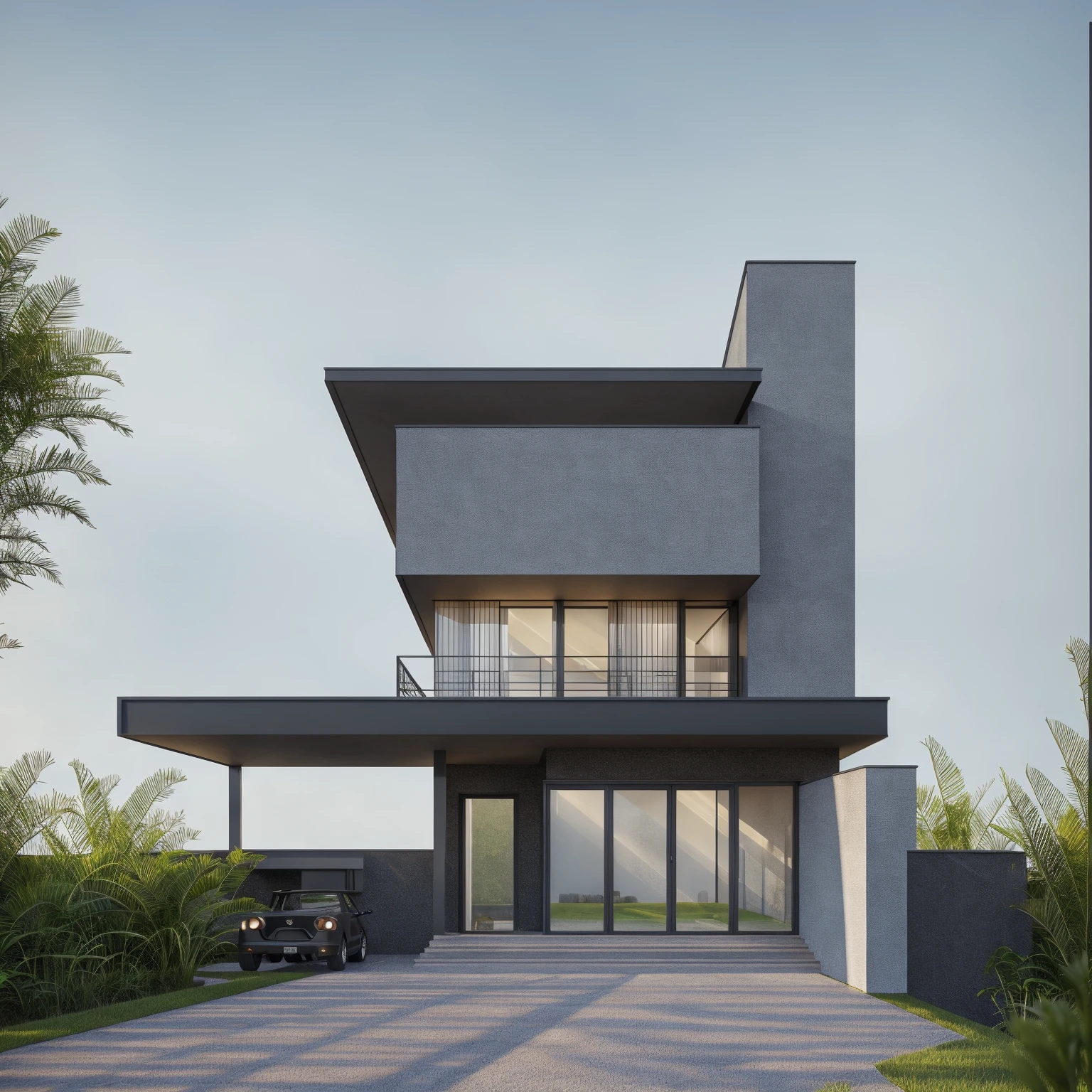 1 morden house, cofe space:1.4, main material by white wall and wood, large yard, 1 road runs in front of the house,  (RAW photo, real, best quality, masterpiece:1.2), look morden minimalist, 1 road in front of the house, shime ring light, light brighteness from indoor:1.2, dynamic lighting:1.3, (hyper realistic, photo-realistic:1.2), high quality, (dark lighting:1.2), perfect lighting, archdaily, wall covered with black corrugated iron panels:1.4