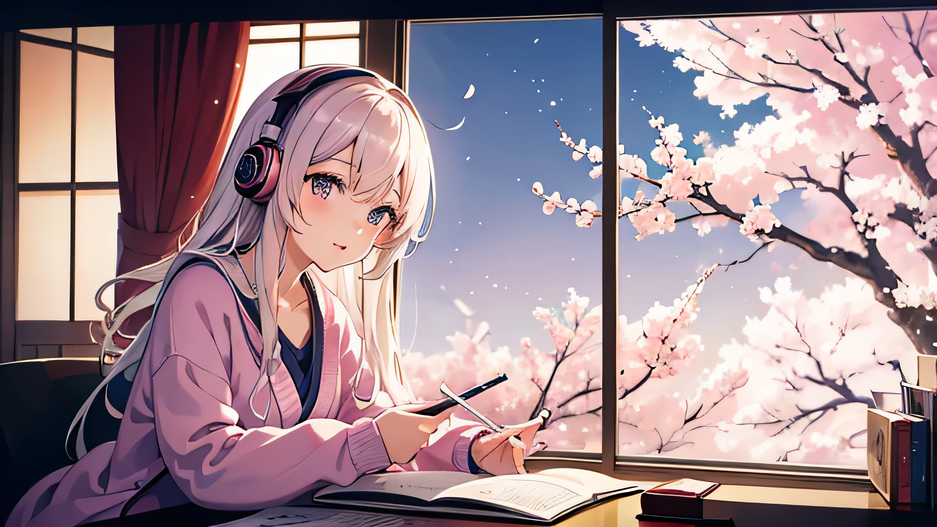 Beautiful girl studying in her room while listening to music with headphones　Warm lighting　When I look outside on a full moon night, the cherry blossoms blow around me.　Japanese anime style