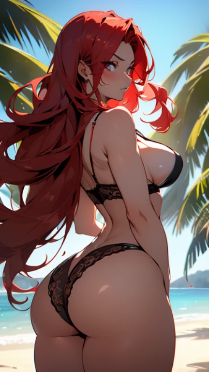 za Scarlet, beautiful detailed eyes, incredibly detailed hair, strong and fierce expression, sexy lingerie, red hair, hot personality, curvy body, lush, sexy, shapely buttocks pose great, in a beach environment, looking at the sea, dynamic lighting, sharp focus, vivid colors
