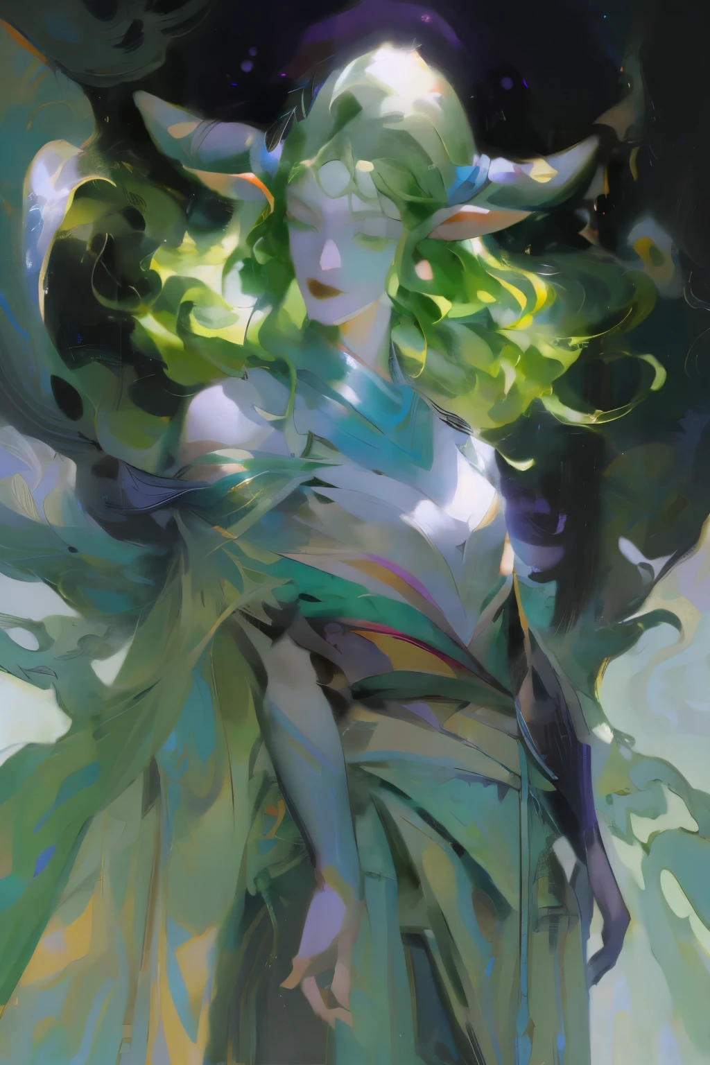 masterpiece, Green hair standing in the room、Girl with green hat, Ink Art, Style Art, Elf Girl, murata and artgerm series, very warm, Weiwei, Art style, League of Legends style, Ruan Jia and Artgerm, Art Jem Style, ! dream art