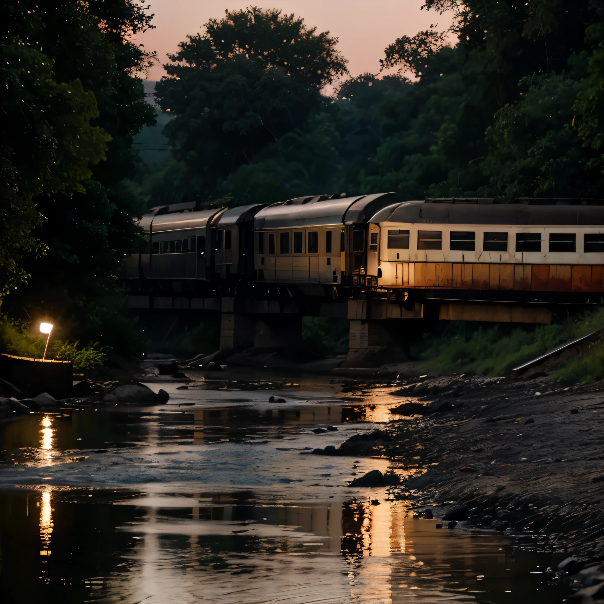 Indian train crossing river in night