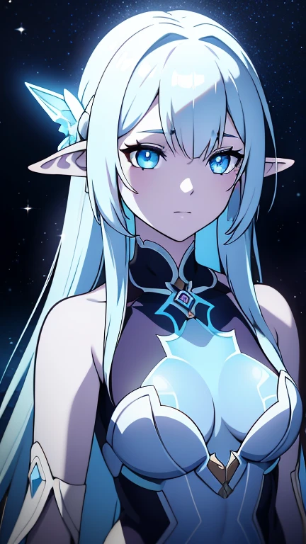 Blue humanoid avatar，Bioluminescent avatar markings on the skin、Dots and Patterns。pointed elven ears。Incarnation，Dark hair，Eyes sparkling，Skin shimmers a rainbow of blue。woman，Warrior-like，Magical and mysterious，Detailed and realistic。Only blue skin color。Only blue skin。Skin color: all blue。