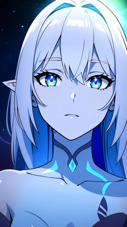 Blue humanoid avatar，Bioluminescent avatar markings on the skin、Dots and Patterns。pointed elven ears。Incarnation，Dark hair，Eyes sparkling，Skin shimmers a rainbow of blue。woman，Warrior-like，Magical and mysterious，Detailed and realistic。Only blue skin color。Only blue skin。Skin color: all blue。