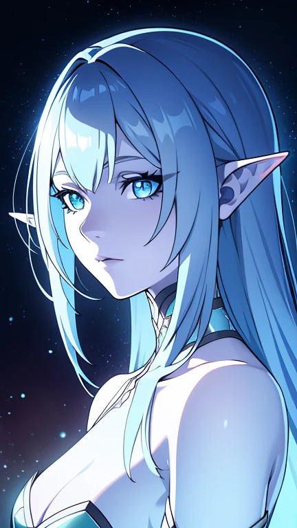 Blue humanoid avatar，Bioluminescent avatar markings on the skin、Dots and Patterns。pointed elven ears。Incarnation，Dark hair，Eyes sparkling，Skin shimmers a rainbow of blue。woman，Warrior-like，Magical and mysterious，Detailed and realistic。Only blue skin color。Only blue skin。Skin color: all blue。