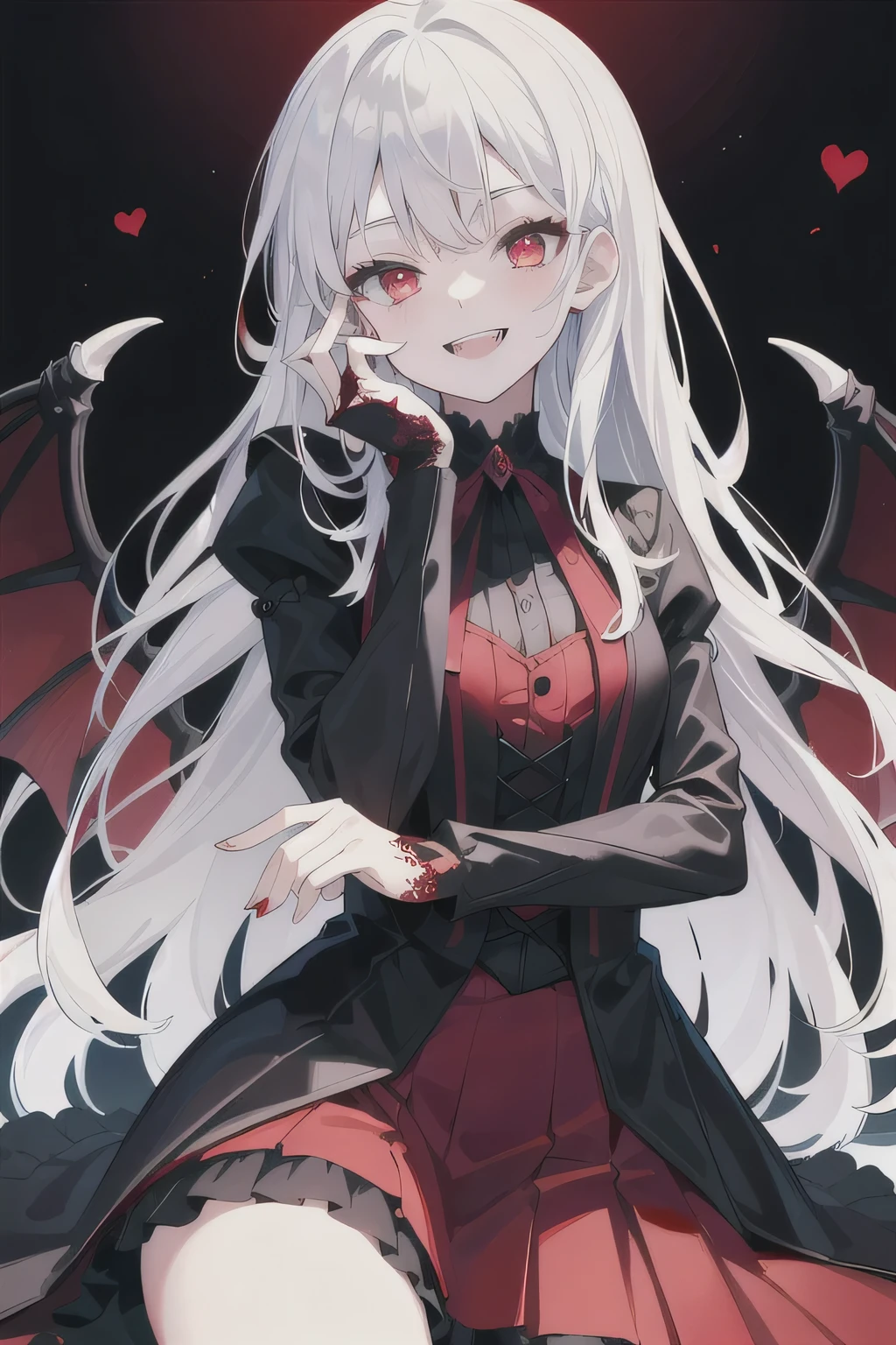 (masterpiece:1.2, Best quality),(better lighting, very gentle and beautiful),(better lighting, very gentle and beautiful), (beautiful detailed face), (finely detailed eyes and a detailed face:1.2), dark fantasy, (young girl, Small animals, 1 girl, crazy smile, pale skin, White hair, Red glowing eyes, Dynamic angle, fangs, big white wings, Bloody sky, Black and red colors, black gothic dress, grins, in different poses посылает  воздушный поцелуй 