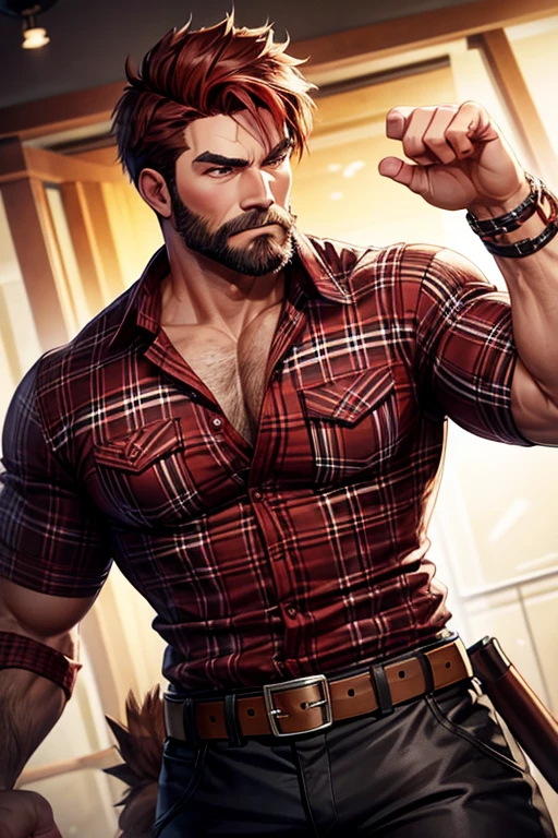 Lumberjack-looking man, beardless, muscular build, slim red and black plaid shirt, bear ears, reddish brown hair, brown comor pants, black leather belt 