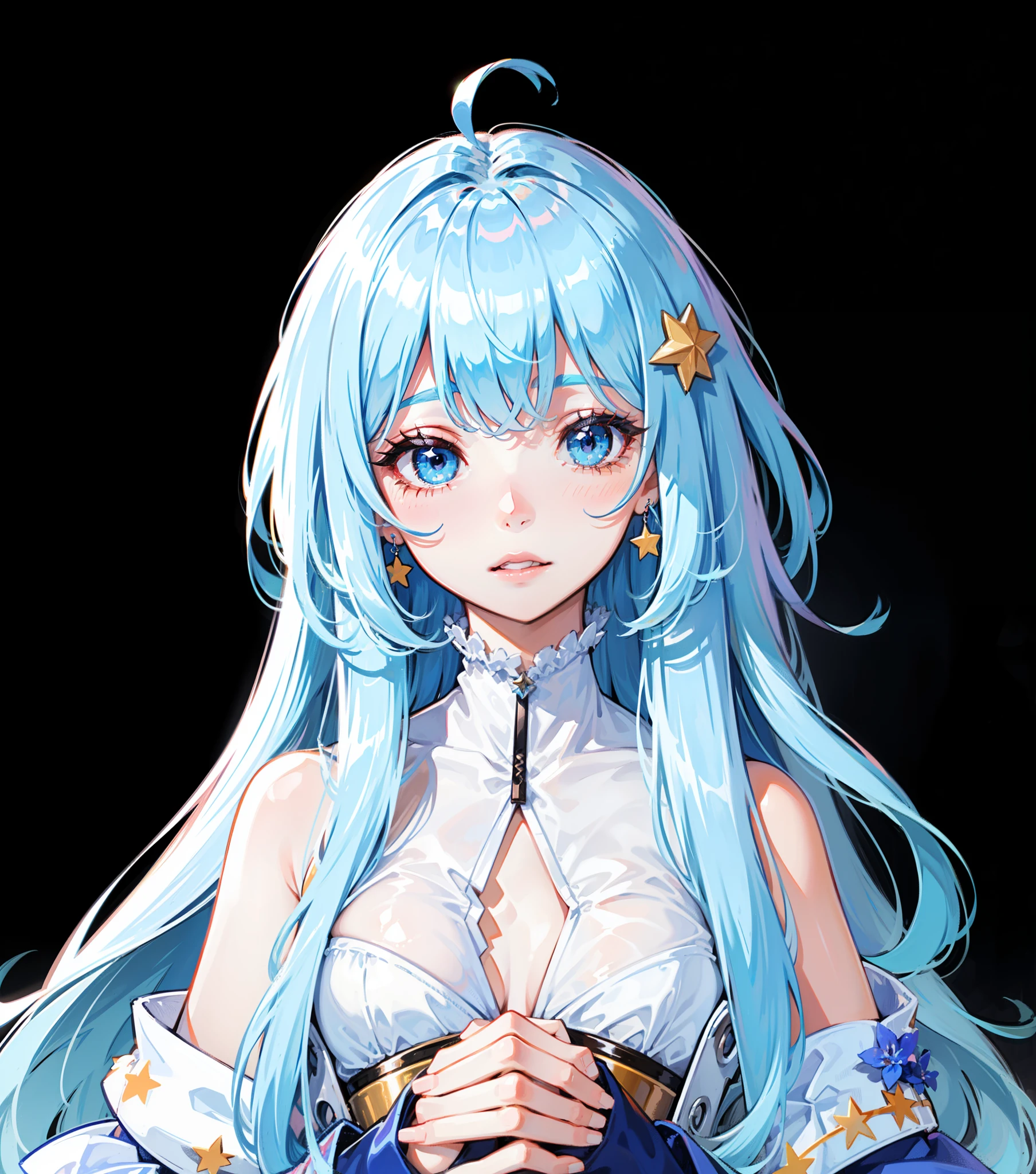 short bright red hair, shoulder length hair, striking blue eyes, star shapped earring, ahoge, blue flower hair adornment, inspired by honkai impact third