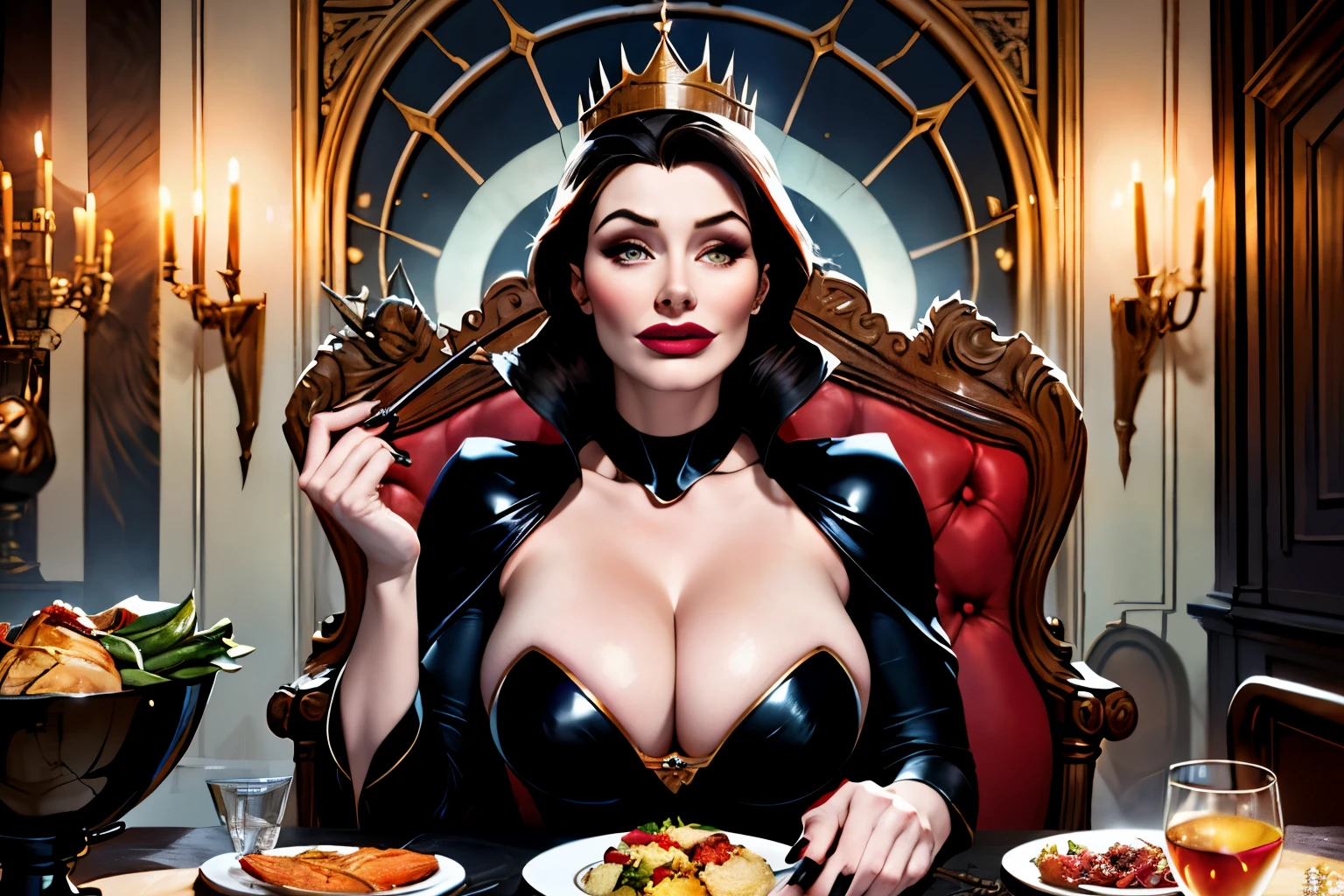 ((highest quality)), ((masterpiece)), ((be familiar with)), ((Accurate)), ((Realistic)), (Realistic), (Best Shadow), Cinematic, (Complex:1.4), High contrast, Side lighting, 8K, ((Bryce Dallas Howard)), ((Accurate手と指)), ((Evil Queen)), 43-year-old Caucasian female、(Black Hair、short hair)、(Voluptuous body)、(Large Breasts)、(Cleavage)、Narrow waist、(Big Ass)、glamorous、Beautifully grown black nails、Black glitter lipstick、Black and purple robe、(Sitting in a luxurious chair)、(両手で頬杖をしているEvil Queen)、Stick your tongue out、Drinking wine、(A large table with a variety of delicious dishes)、Dinner party、((Bust Shot))、(Close-up of face)