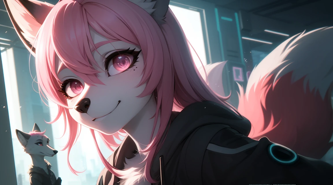 Cyberpunk fox, Beautiful light and shadow on a beautiful face with light pink hair、Ambientebeleuchtung am Strand、Ultra-fine fur、Das volumetrische Licht ist sehr detailliert,Furry art of the highest quality, nackt,