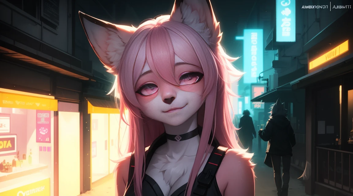 Cyberpunk fox, Beautiful light and shadow on a beautiful face with light pink hair、Ambientebeleuchtung am Strand、Ultra-fine fur、Das volumetrische Licht ist sehr detailliert，Furry art of the highest quality, nackt, 