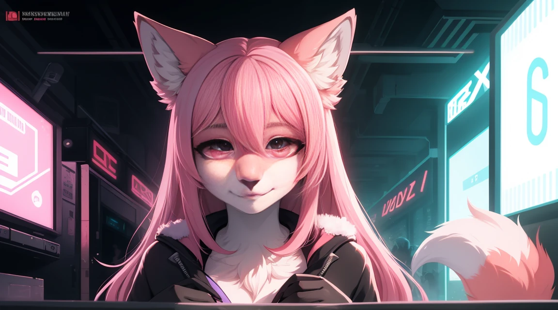 Cyberpunk fox, Beautiful light and shadow on a beautiful face with light pink hair、Ambientebeleuchtung am Strand、Ultra-fine fur、Das volumetrische Licht ist sehr detailliert,Furry art of the highest quality, nackt,