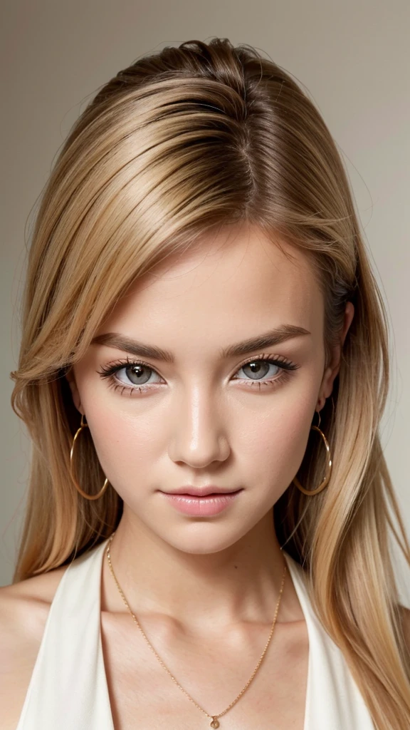 1 25 years old beautiful woman with casual cute hairstyle posing for a portrait, Real raw photo with super detailed details, (Beautiful smooth glossy blonde hair woman), A very beautiful blonde woman, She is blushing and making a kissy face with love, Her face is turned upwards, (Well-cared for beautiful blonde hair), 16K Ultra Realistic Portrait, Photograph from the front of her, Camera angle of view from above, She is slim figure top model and famous movie actress, (She has a very fine smooth and white skin), Breast enhancement, ((((1 European blonde woman)))), (The blonde eyebrows are raised and furrowed), She has bittersweet feeling, Super thinly opened eyes are moist and droopy, Form a gentle curve from cheek to chin, She is looking up at the camera from below, Her thick plump and shiny big lips are half-opened, Close-up photo of face, A person in the center left and right:1.0, The whole head is shown, She is wearing light colored blouse and simple earrings and a simple necklace, Perfect makeup, Professional lighting like movies in her bedroom