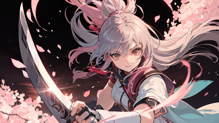 22-year-old female, Pink long hair, Brown eyes, Thin, Large target  , swordsman, Western-style silver-white lightweight clothing, Pink Sword, scabbard, Make it like tarot anime style but without the frame, Eyes very firm, pink energy, Cherry blossom petals, Pink leaves unfold