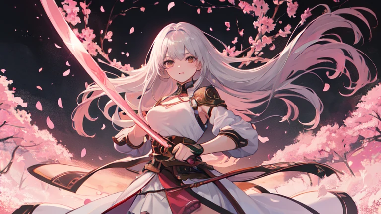 22-year-old female, Pink long hair, Brown eyes, Thin, Large target , swordsman, Western-style silver-white lightweight clothing, Pink Sword, scabbard, Make it like tarot anime style but without the frame, Eyes very firm, pink energy, Cherry blossom petals, Pink leaves unfold