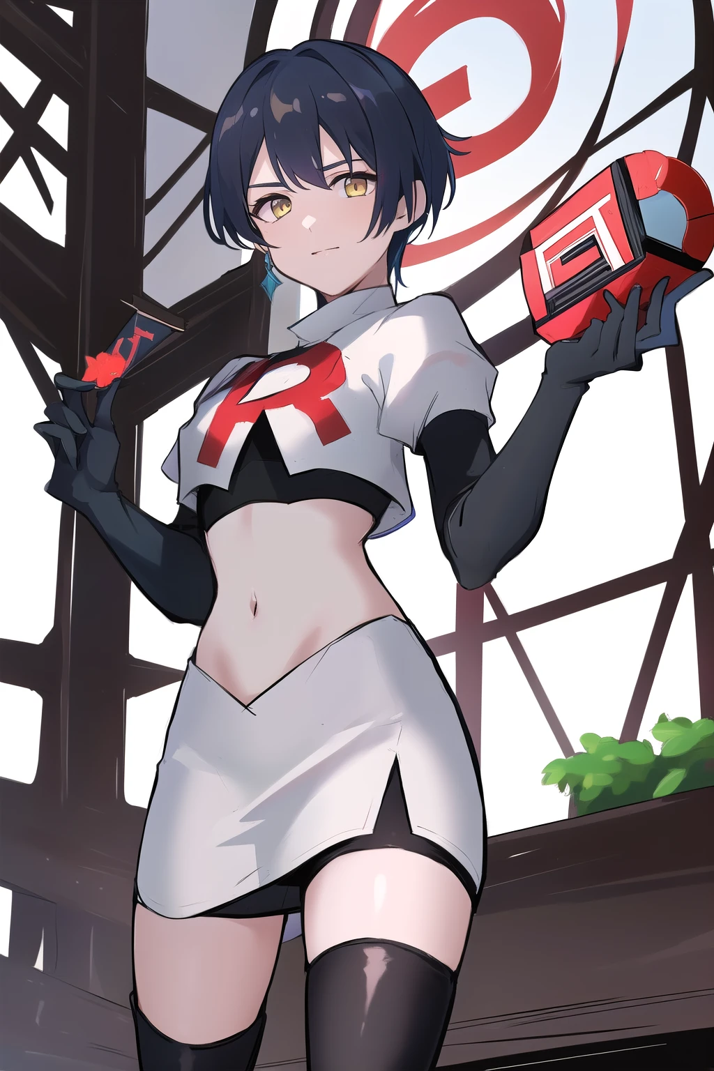 masterpiece, absurdres,genshin impact, Genshin Impact, game character, video game, (xingqiu),yellow eyes, short blue hair,male focus, trap, crossdressing,1boy,team rocket,team rocket uniform,white skirt,red letter R,crop top,black thigh-highs,black elbow gloves