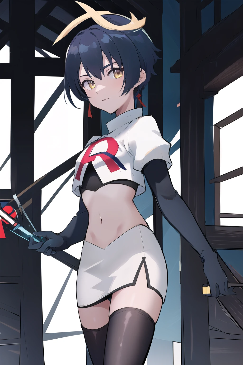 masterpiece, absurdres,genshin impact, Genshin Impact, game character, video game, (xingqiu),yellow eyes, short blue hair,male focus, trap, crossdressing,1boy,team rocket,team rocket uniform,white skirt,red letter R,crop top,black thigh-highs,black elbow gloves