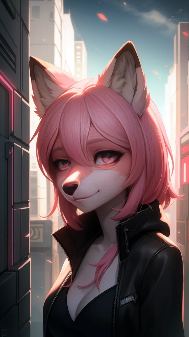 Cyberpunk fox, Beautiful light and shadow on a beautiful face with light pink hair、Ambientebeleuchtung am Strand、Ultra-fine fur、Das volumetrische Licht ist sehr detailliert，Furry art of the highest quality