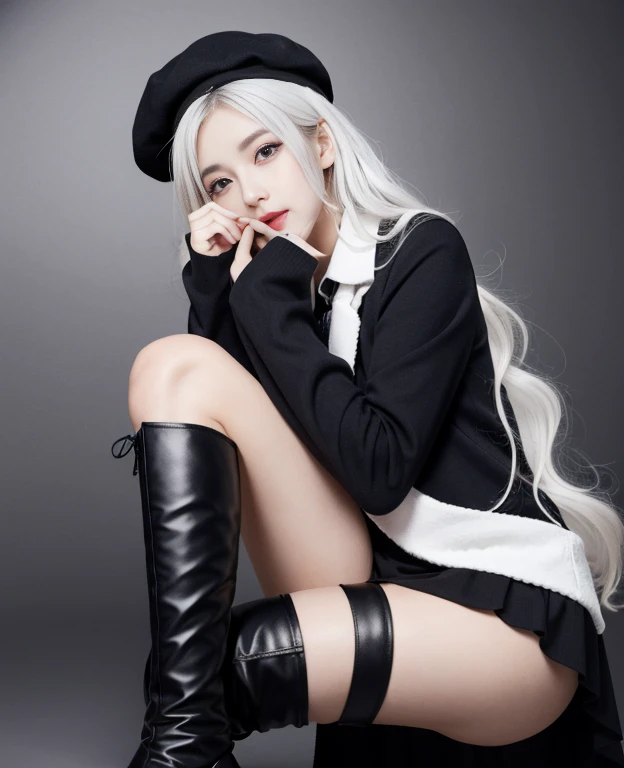 tmasterpiece, Best quality at best, ahoge, Hair over the shoulder, long white hair, blush of nose, Gothic_ta, beret, hand_To_Mouth,thigh boots,Absolute realm,upper legs,thigh boots,full bodyesbian,Correct legs