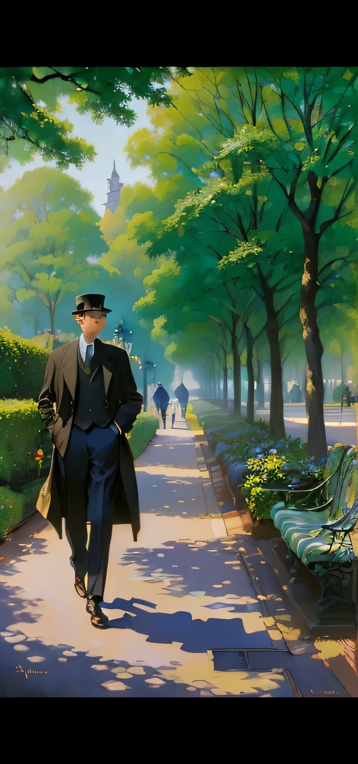painting of Frank Kafka walking down a path in a park, inspired by Jean Béraud, by Jean Béraud, inspired by Art Frahm, inspired by Edmond Xavier Kapp, inspired by Paul Gustave Fischer, inspired by Albert Henry Krehbiel, thomas kincade, by Albert Kotin, by Joop Sanders