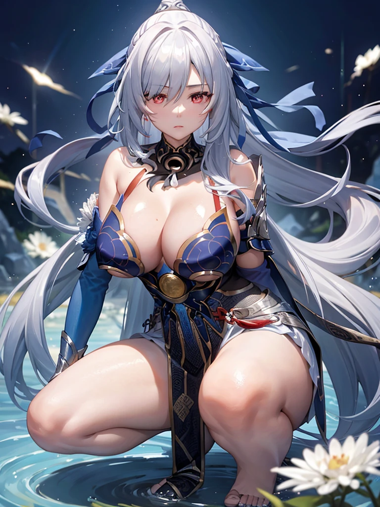 masterpiece, highest quality:1.2), One woman, alone, jingliu, jingliu\(honkaistarrail\), bluish-silver hair, Long Hair, Long Hair, Red Eyes ,Shiny skin, 非常に非常にHuge Tits、Thick legs、Long legs、Bare legs、Are standing、とてもHuge Tits、Huge Tits、Erotic squatting、Put your hands behind your head