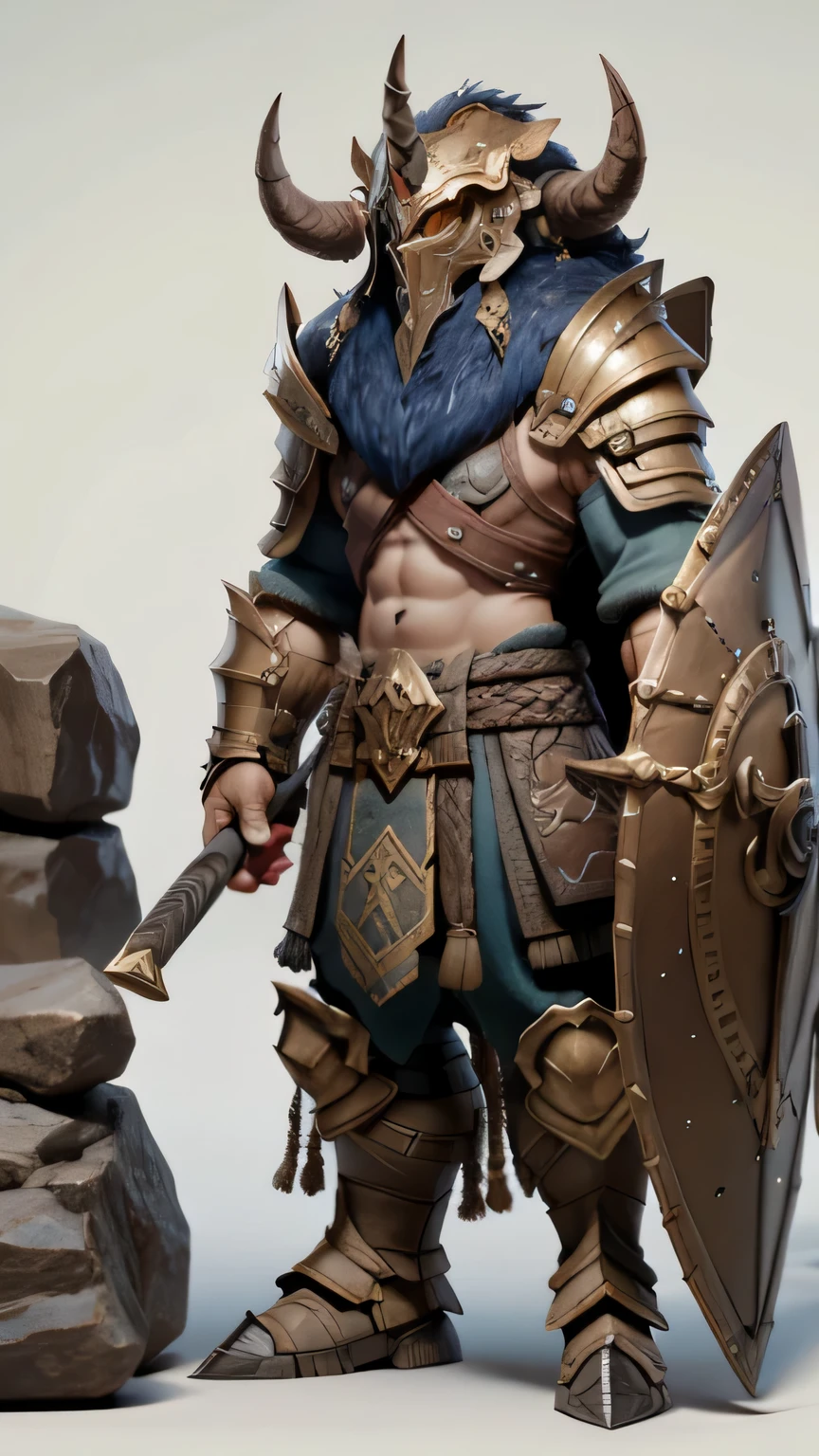 un primer plano de un hombre con una cabeza con cuernos sosteniendo un martillo, enano, Minotauro con armadura antigua, hyper detailed fantasy character, retrato de un guerrero enano, fantasy heavy armor, render de fantasy heavy armor, barbarian class, Epic fantasy character art., Enano DND, Enano, Heroic fantasy character concept, Concepto de personaje DND Goliat, Arte conceptual de un guerrero.