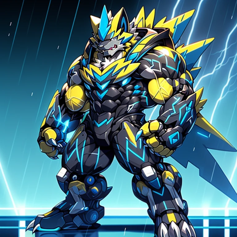 (masterpiece, best quality, detailed:1.2)
(Pokémon)
detailed full body,
Zeraora's giant robot.
Gigantic ZERAORA,
Protecting Zeraora's design and color scheme.
Robotic suit,
the whole body is covered in armor,
whole body shines like metal.
Wearing cyberpunk mecha, emphasizes the muscles.
He wears the same armor as himself from head to foot. (emphasizes the muscles.)
suit fully made of metal,
intricate armor, Robotic suit, suit fully made of metal, cyborg,
big muscle.
pecs, triceps,
body full of huge muscles.
unusually developed muscular body,
A Zeraora at the bodybuilding competition,
massive,
huge muscular bodybuilder with extraordinary biceps, pecs, triceps, traps, gigachad, 300 lbs.
The claws are sharp, Sharp teeth,
with huge golden laser sword,
thunderstorm,
rainy weather,
lightning,
wears a black cloak on his back.