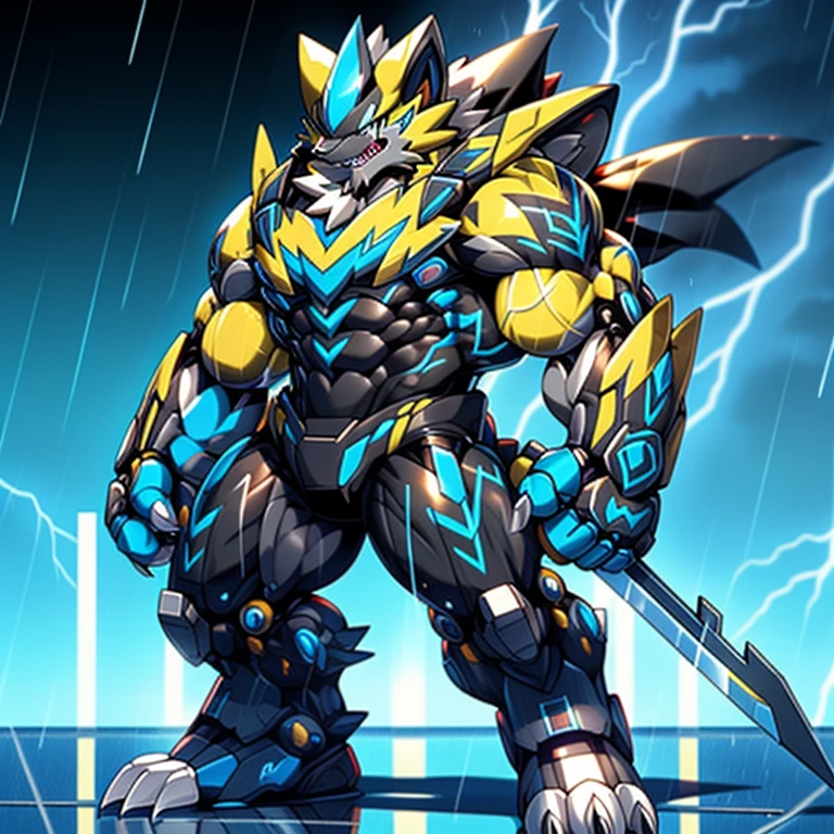 (masterpiece, best quality, detailed:1.2)
(Pokémon)
detailed full body,
Zeraora's giant robot.
Gigantic ZERAORA,

Protecting Zeraora's design and color scheme. 
Robotic suit, 
the whole body is covered in armor, 

whole body shines like metal.
Wearing cyberpunk mecha, emphasizes the muscles.
He wears the same armor as himself from head to foot. (emphasizes the muscles.)
suit fully made of metal,
intricate armor, Robotic suit, suit fully made of metal, cyborg,

big muscle.
pecs, triceps,
body full of huge muscles.
unusually developed muscular body,
A Zeraora at the bodybuilding competition,
massive,
huge muscular bodybuilder with extraordinary biceps, pecs, triceps, traps, gigachad, 300 lbs.

The claws are sharp, Sharp teeth,
with huge golden laser sword,

thunderstorm,
rainy weather,
lightning,

wears a black cloak on his back.