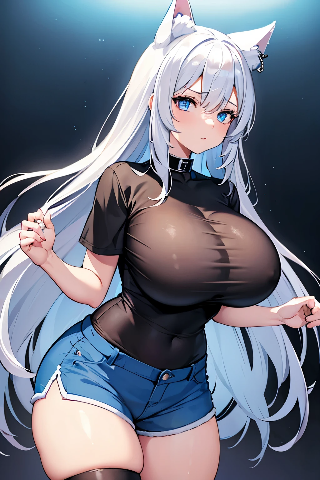 dog ears, white dog ears, husky, white hair, blue eyes, deep blue eyes, piercing blue eye, intimidating, , big breasts, (((huge breasts))), dog tail, dog collar, collar, shorts, ((black shirt)), intimidating, expressionless, medium hair, 1 girl, serious