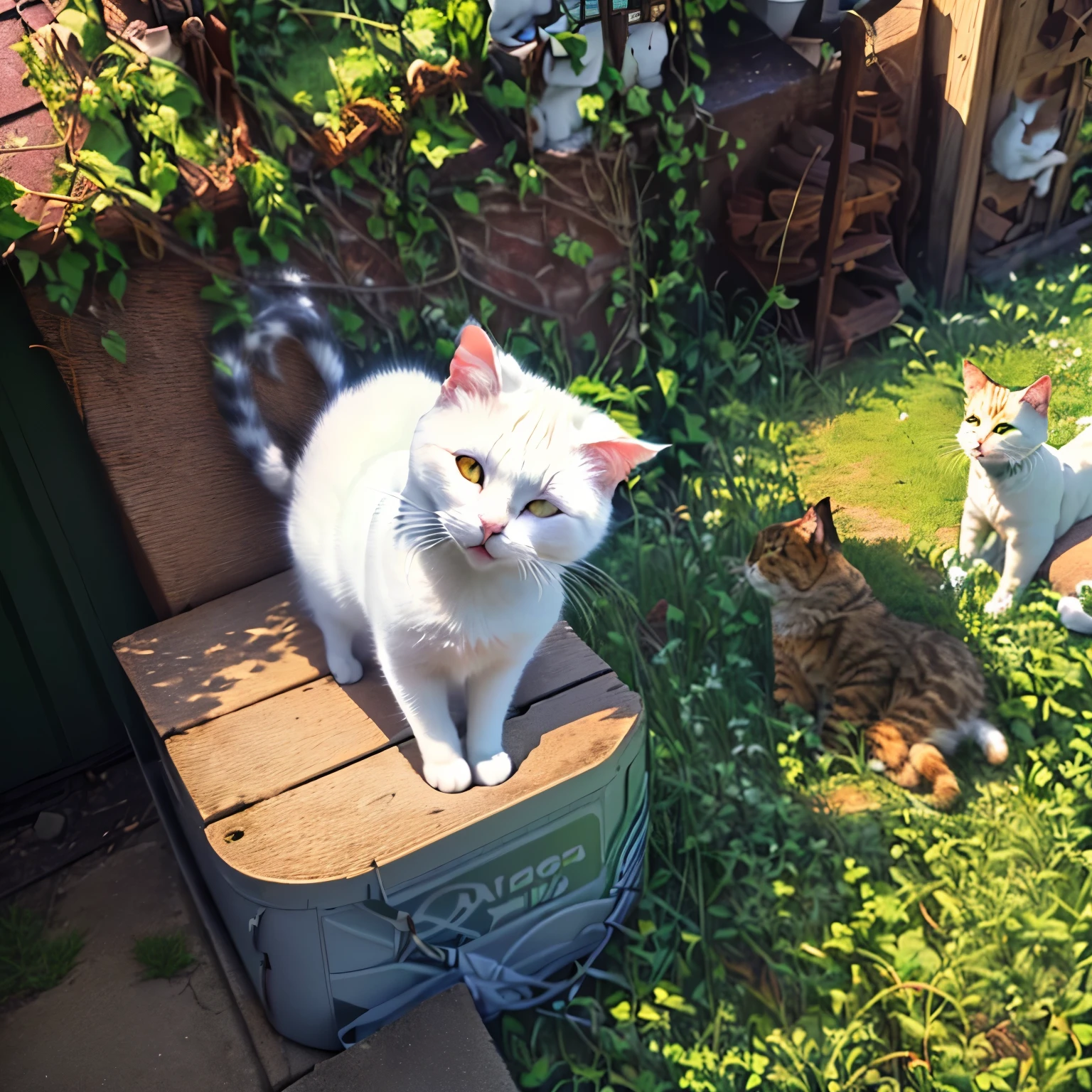 theRe is a White cat sitting on a box in the gRass, This cat is furry, A cute cat, theRe is a cat next to heR, sits on a Rooftop, Sad cat, The cat is smiling, The cat is walking, smol fluffy cat weaRing smol hat, A cat is smiling, R/Ahhh, a cat sitting in a chaiR, White cat